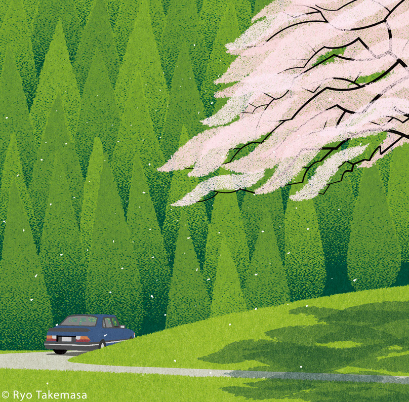 ryo takemasa editorial magazine illustration cover art digital art illustrator landscape spring forest road car