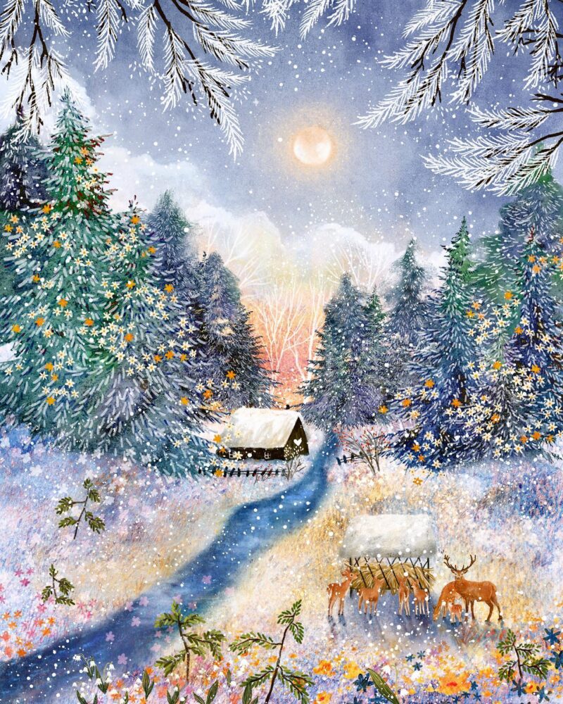 Laivi Põder nature art illustration winter landscape snow forest deer house