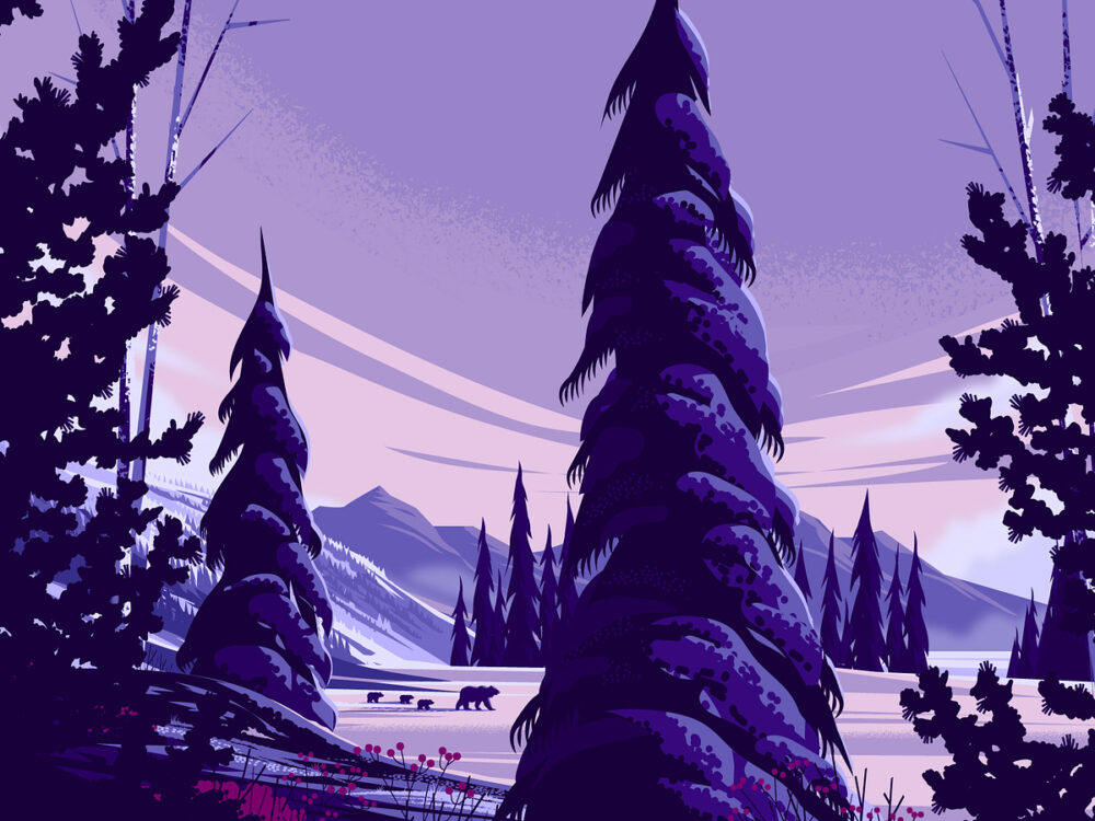 matt carlson digital illustration art landscape nature view mountains winter snow forest
