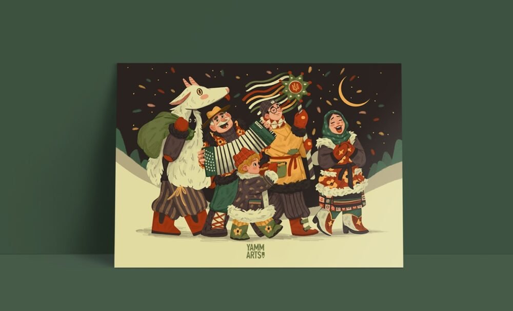 christmas greeting cards illustration art digital art seasonal postcard design maryna solomennykova winter holidays people carolers