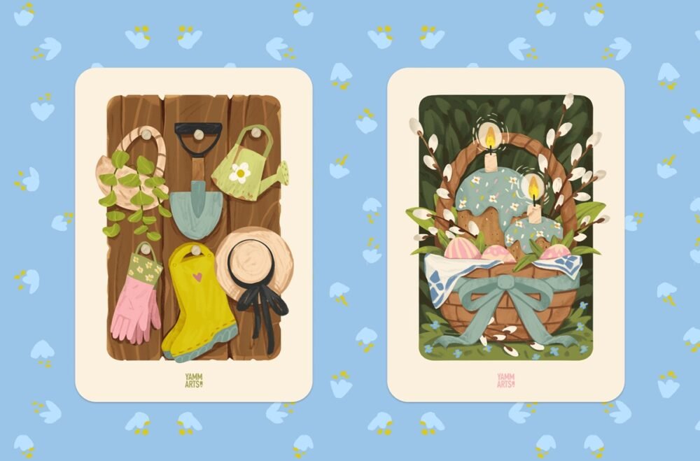 spring gardening easter greeting cards illustration art digital art seasonal postcard design maryna solomennykova 