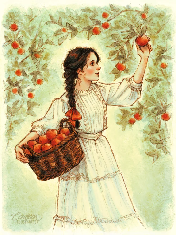 lauren bultman illustration artist digital art traditional art nature vintage woman girl apple garden summer
