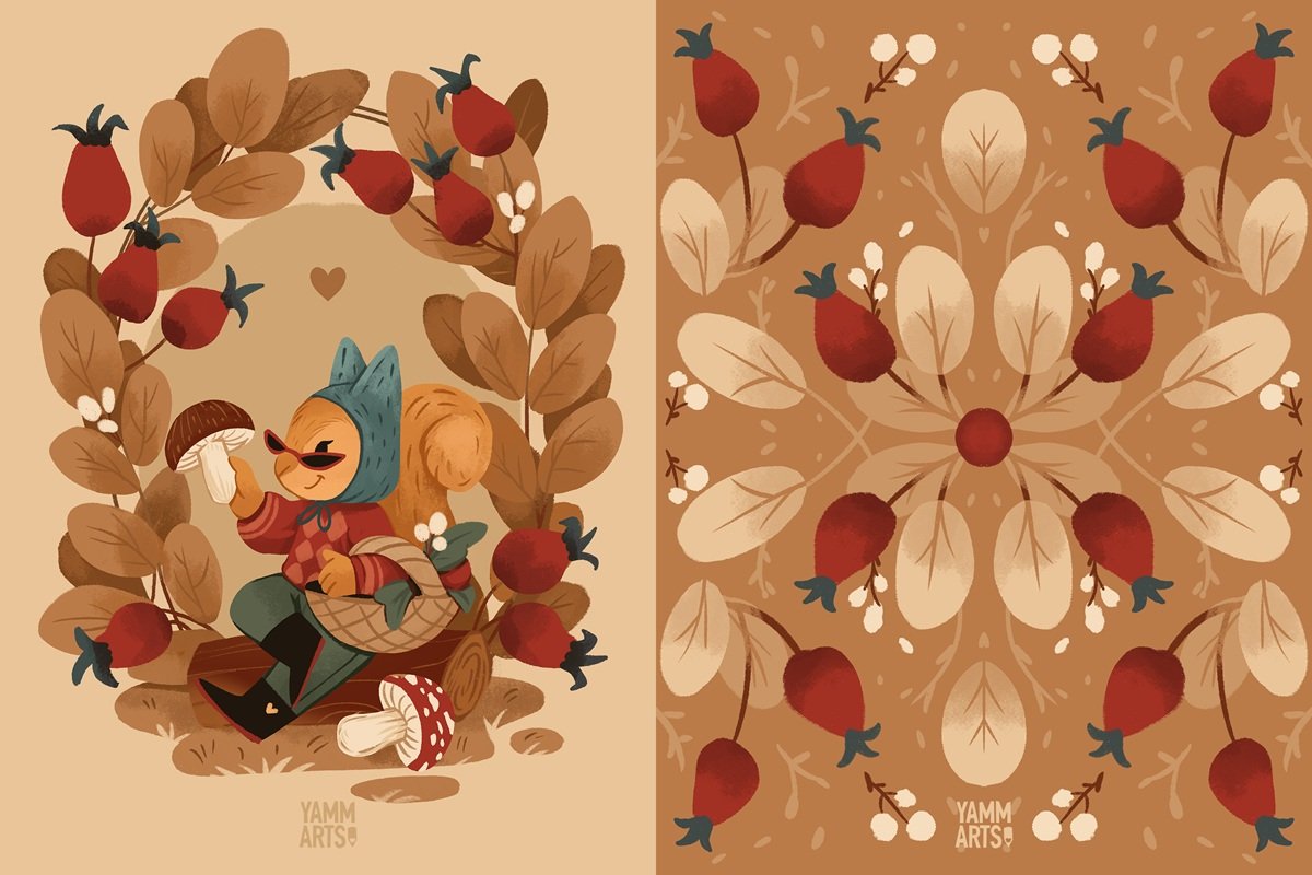 yammarts maryna solomennykova illustration art greeting cards autumn fall nature character art animals digital art postcards greeting cards squirrel