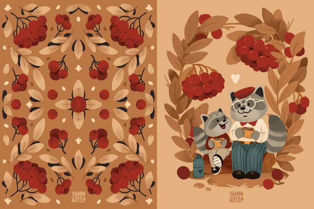 yammarts maryna solomennykova illustration art greeting cards autumn fall nature character art animals digital art postcards greeting cards racoons