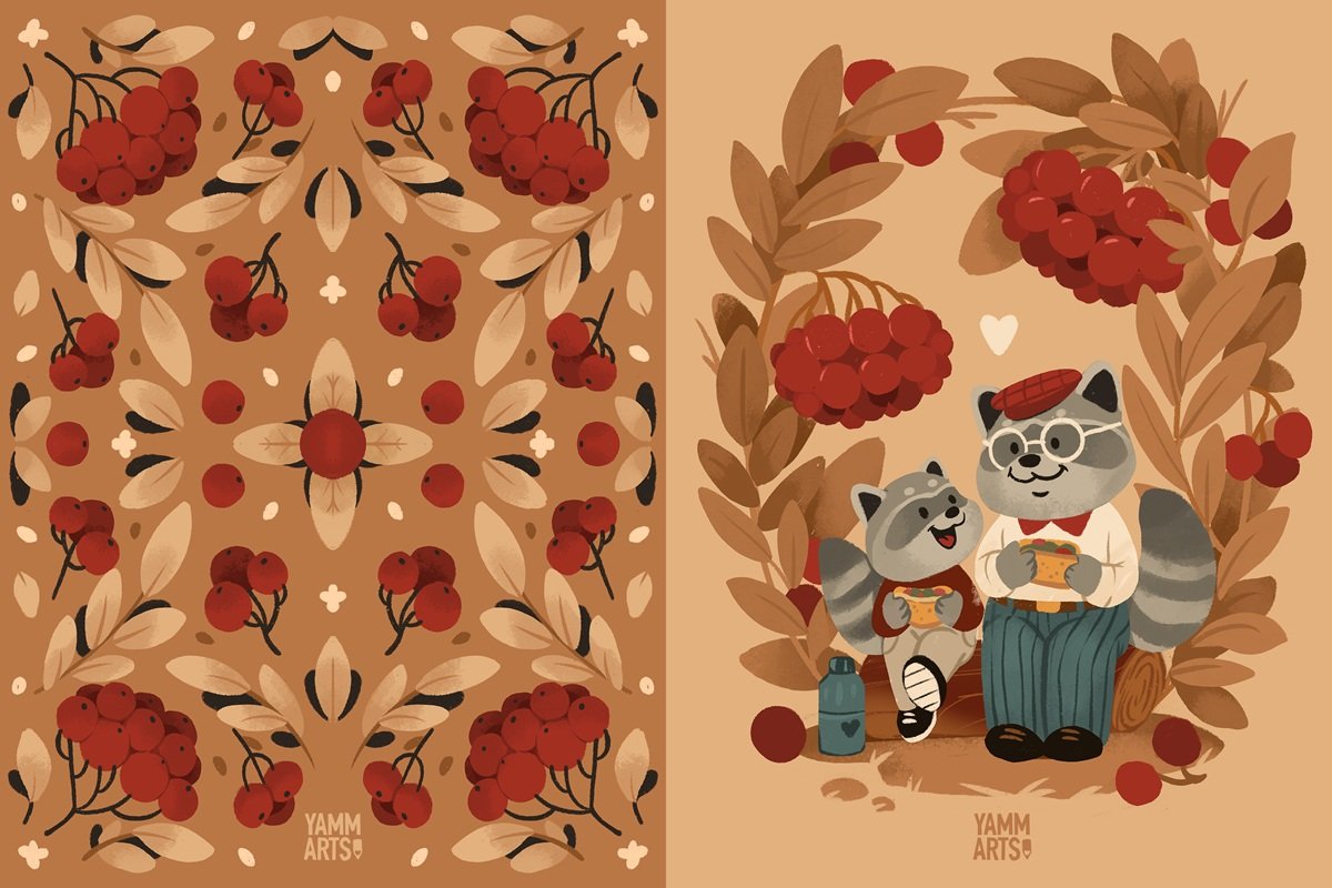 yammarts maryna solomennykova illustration art greeting cards autumn fall nature character art animals digital art postcards greeting cards racoons