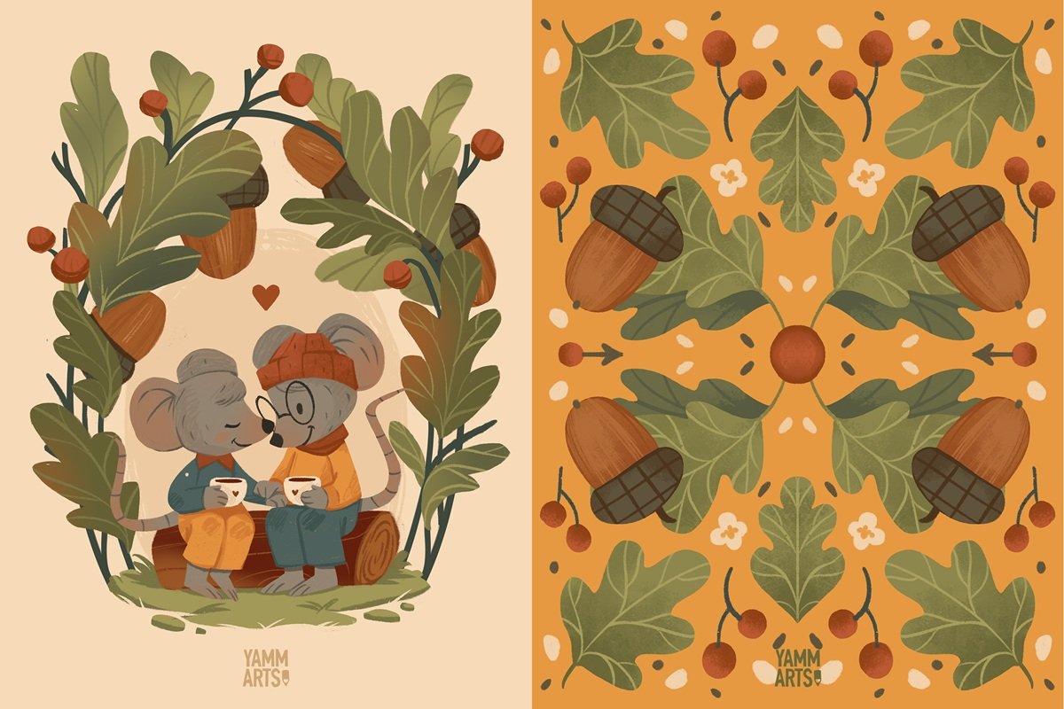 yammarts maryna solomennykova illustration art greeting cards autumn fall nature character art animals digital art postcards greeting cards mice