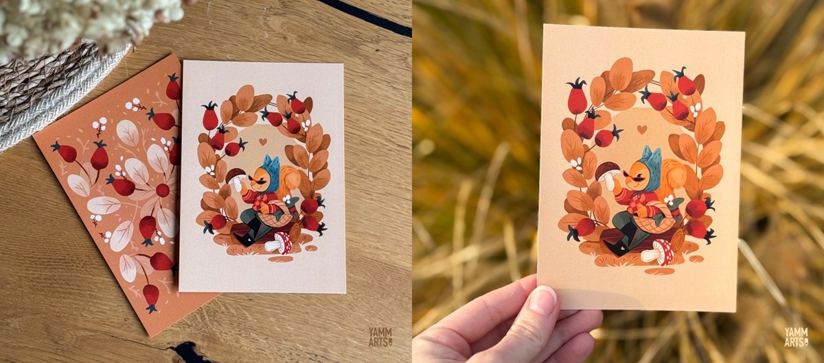 yammarts maryna solomennykova illustration art greeting cards autumn fall nature character art animals digital art postcards greeting cards